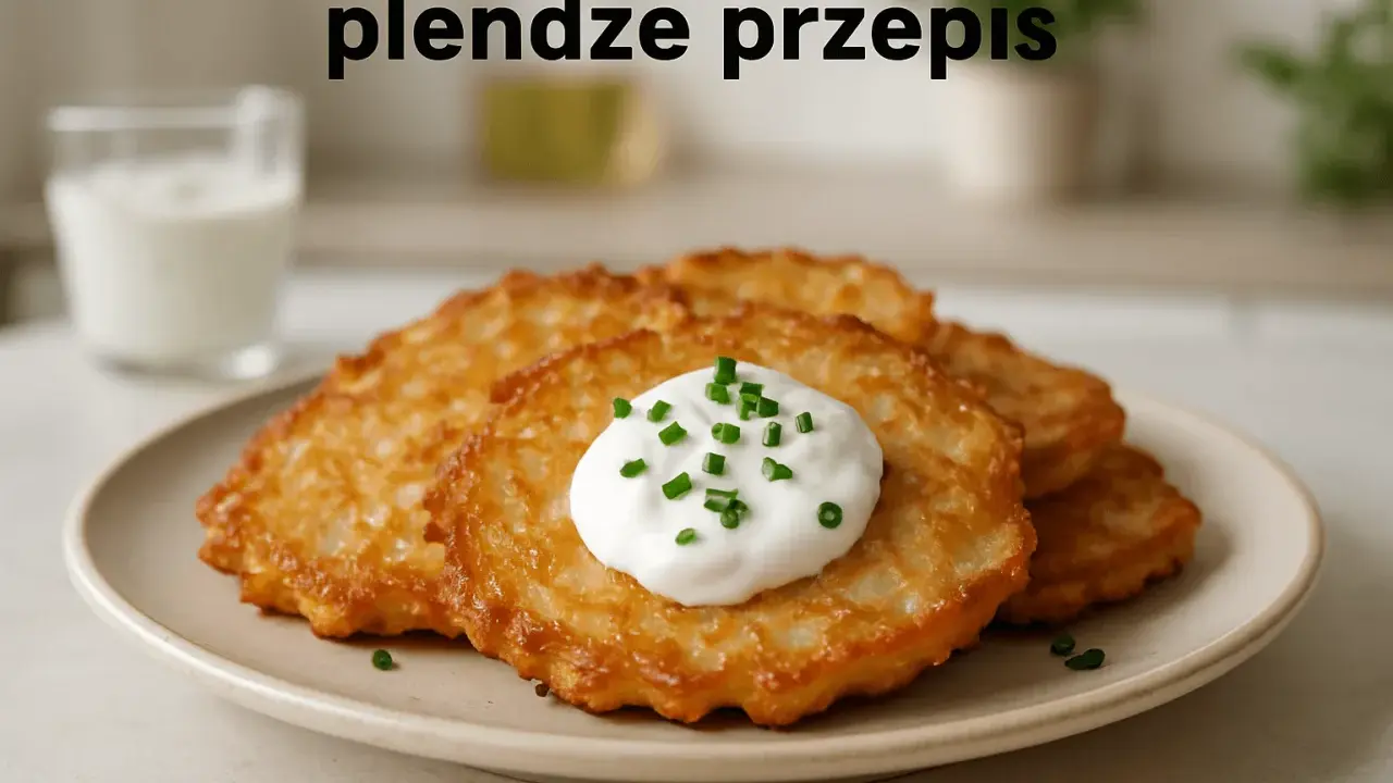Plendze (placki ziemniaczane) z kwaśną śmietaną i szczypiorkiem na talerzu.
