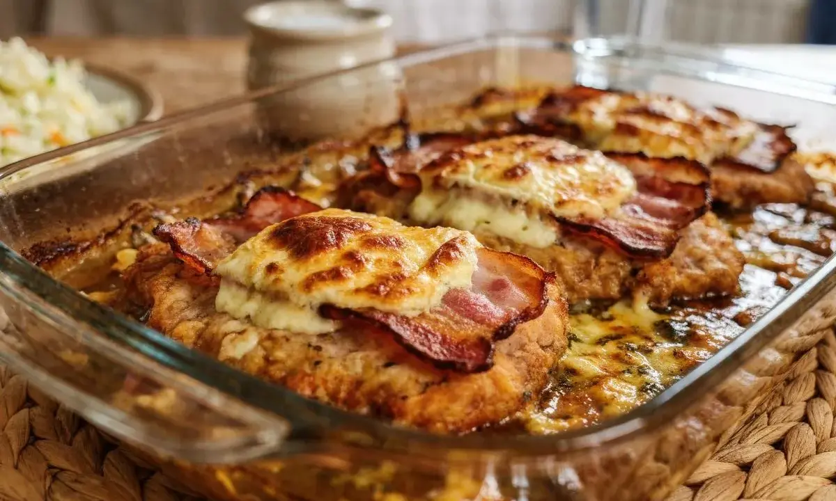 Pyszny kotlet po góralsku w naczyniu żaroodpornym, zapieczony z serem i boczkiem.