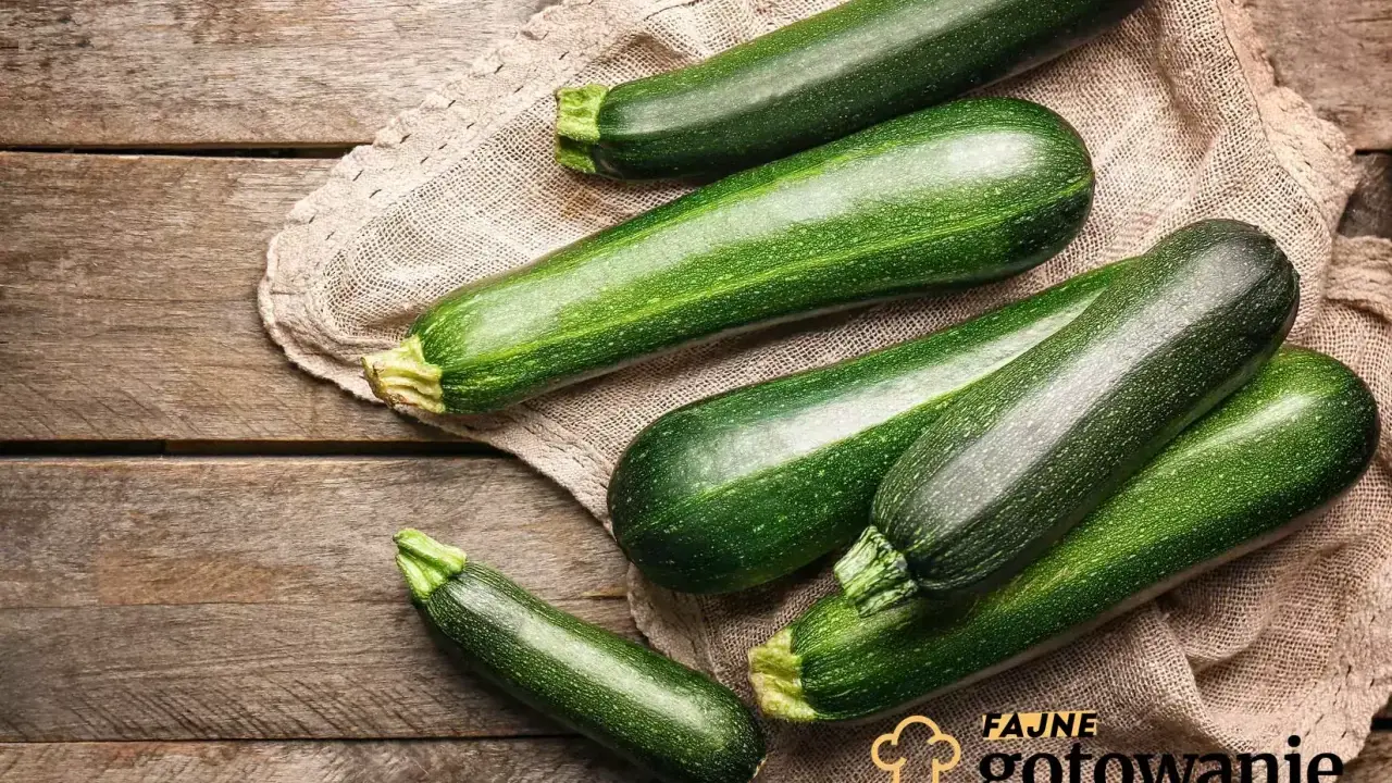 Kilka świeżych, zielonych cukinii ułożonych na lnianej ściereczce na drewnianym tle.