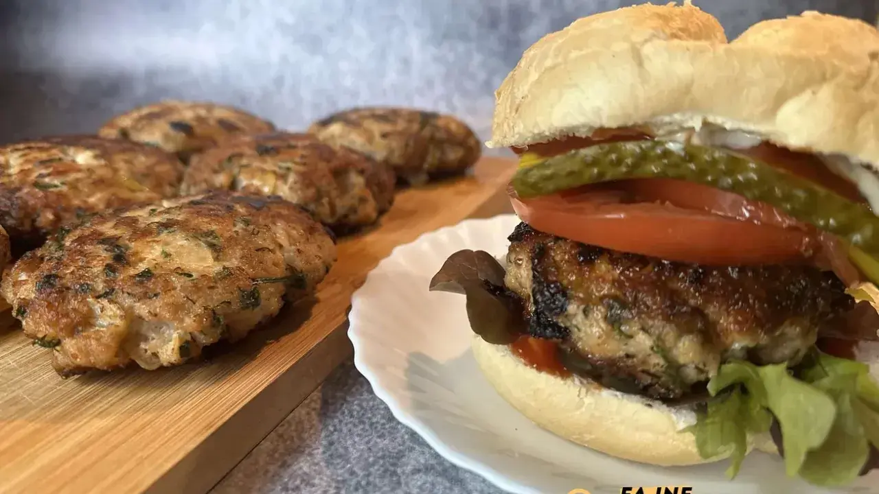 Pyszny burger wieprzowy z dodatkami na talerzyku, obok leżą świeżo usmażone kotlety.