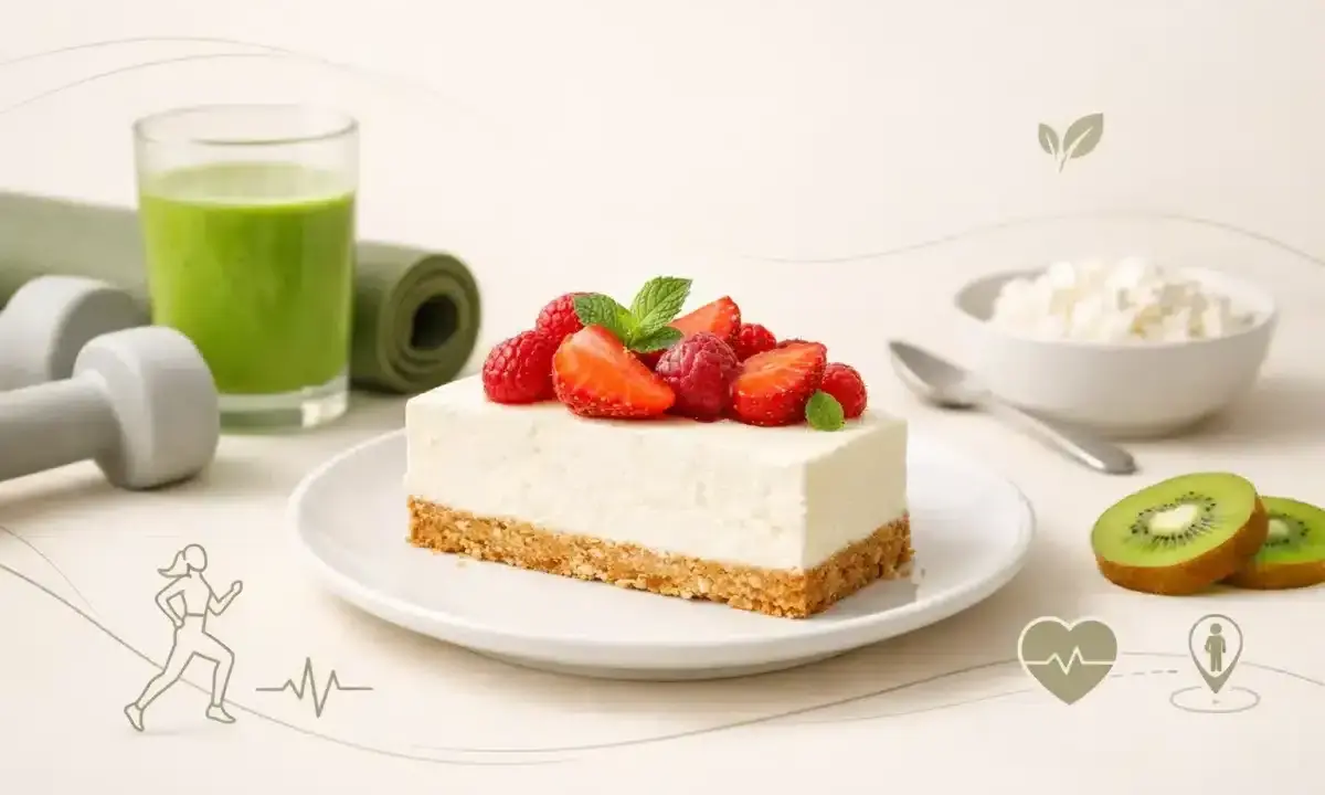 Szybki sernik z pół kilo sera, udekorowany owocami, obok zielonego smoothie, hantli i maty do ćwiczeń. Zdrowy wybór!