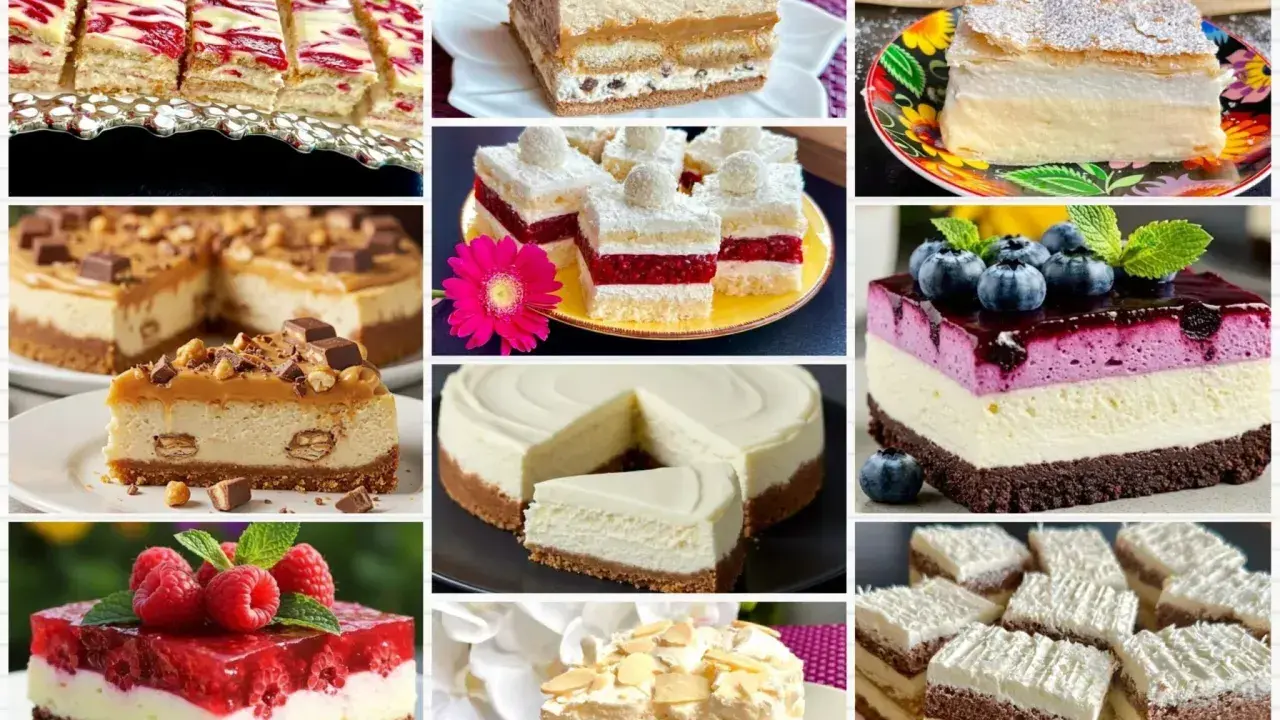 Kolaże pysznych polskich deserów: sernik z malinami, tiramisu, kremówka, ciasto z borówkami i inne słodkości.