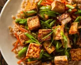 Talerz pełen brązowego ryżu z grillowanym tofu, szparagami i marchewką, posypany szczypiorkiem.