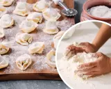 Gotowe pierogi na desce i dłonie mieszające mąkę. Kluczowe pytanie: jaka mąka na pierogi?