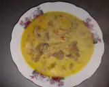 Gęsta zupa porowa z serkiem topionym, mięsem mielonym, pieczarkami i makaronem, podana w ozdobnym talerzu.