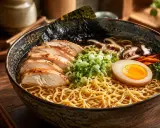 Pyszna zupa ramen przepis prosty: makaron, kurczak, jajko na pół, nori, szczypiorek i grzyby.