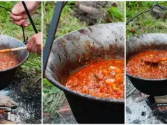 Gotowanie aromatycznego bogracza nad ogniskiem. Mieszanie drewnianą łyżką gęstej, czerwonej potrawy w kociołku.