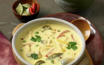 Aromatyczna zupa tajska z kurczakiem i mlekiem kokosowym, ozdobiona kolendrą i papryczkami chili.