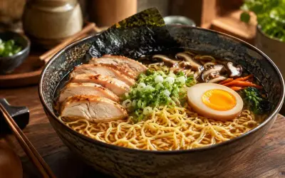 Pyszna zupa ramen przepis prosty: makaron, kurczak, jajko na pół, nori, szczypiorek i grzyby.