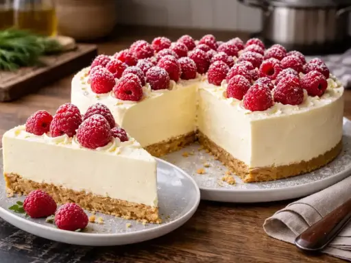 Pyszny sernik na zimno z mascarpone i śmietaną, udekorowany malinami. Idealny deser na letnie dni.