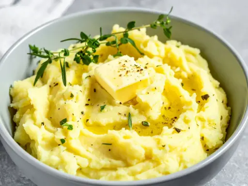 Miseczka kremowego puree ziemniaczanego z masłem, ziołami i pieprzem.