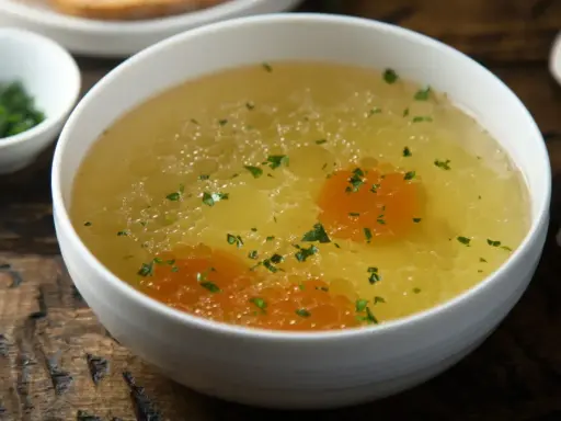 Aromaticzny rosół z perliczki, bogaty w smaku, z kawałkami marchewki i posypany natką pietruszki. Idealny na chłodne dni.
