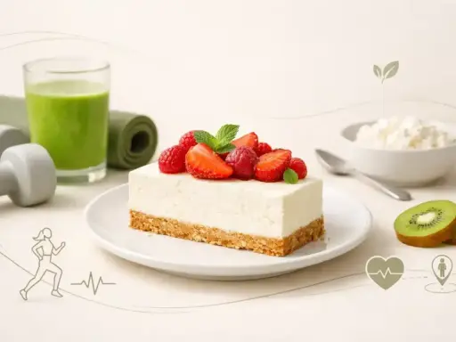 Szybki sernik z pół kilo sera, udekorowany owocami, obok zielonego smoothie, hantli i maty do ćwiczeń. Zdrowy wybór!