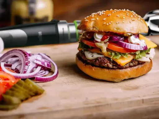 Pyszny burger z serem, warzywami i domowym sosem do burgera. Obok pokrojona cebula i pomidor.