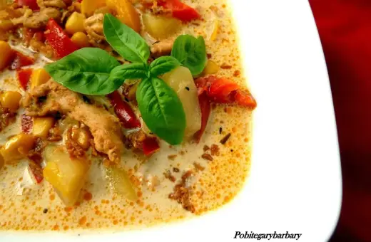 Zupa gyros Ania gotuje: kremowa, sycąca, z kawałkami kurczaka, ziemniaków i papryki, ozdobiona listkami bazylii.