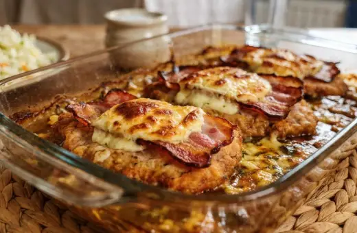 Pyszny kotlet po góralsku w naczyniu żaroodpornym, zapieczony z serem i boczkiem.