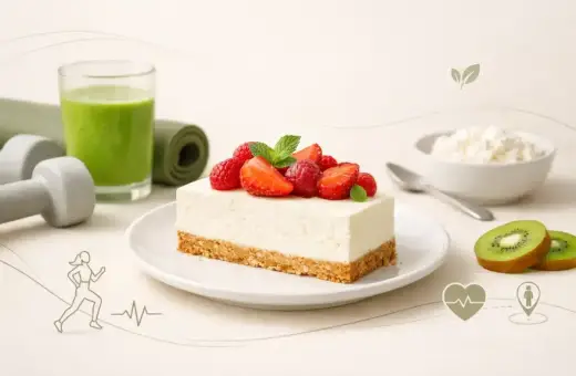 Szybki sernik z pół kilo sera, udekorowany owocami, obok zielonego smoothie, hantli i maty do ćwiczeń. Zdrowy wybór!