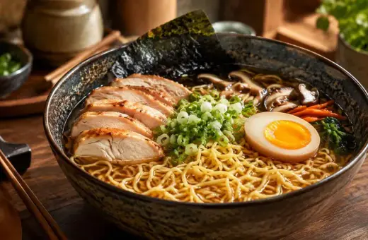 Pyszna zupa ramen przepis prosty: makaron, kurczak, jajko na pół, nori, szczypiorek i grzyby.