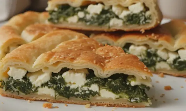 Pyszny borek ze szpinakiem i serem feta, posypany sezamem, prezentuje się apetycznie na białym talerzu.