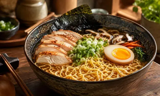Pyszna zupa ramen przepis prosty: makaron, kurczak, jajko na pół, nori, szczypiorek i grzyby.