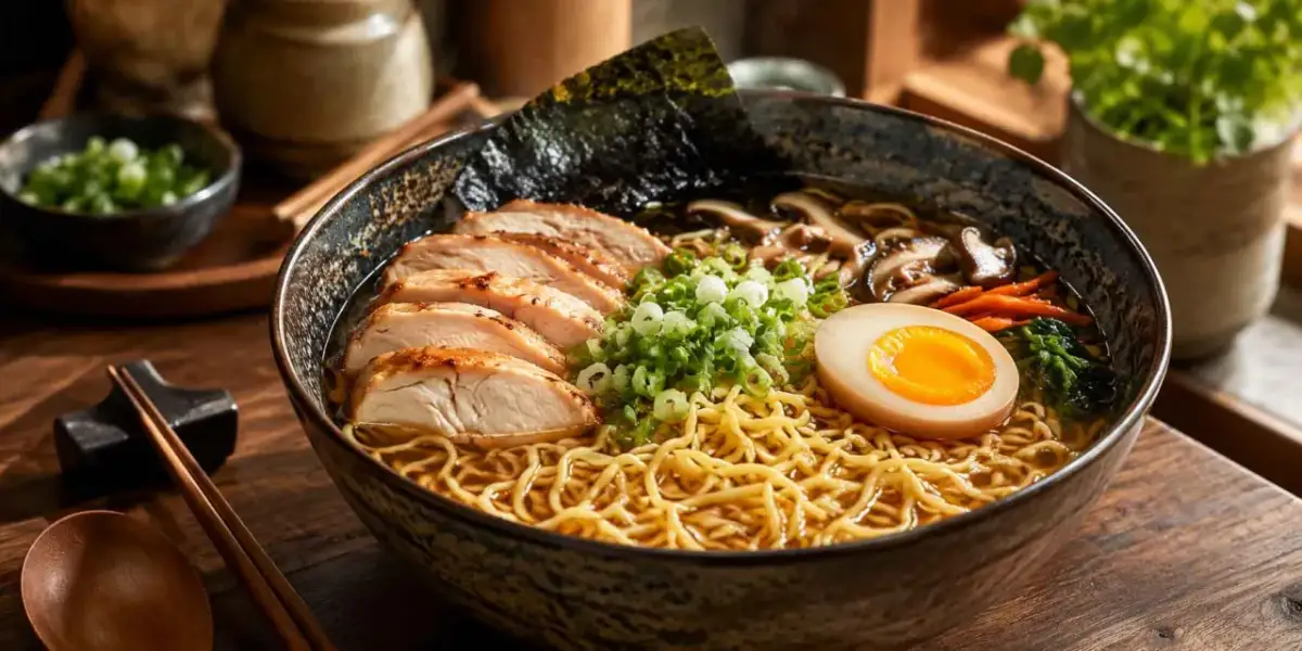 Pyszna zupa ramen przepis prosty: makaron, kurczak, jajko na pół, nori, szczypiorek i grzyby.