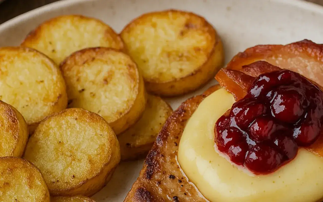 Kotlet po góralsku z sosem i żurawiną, podany z chrupiącymi ziemniakami.